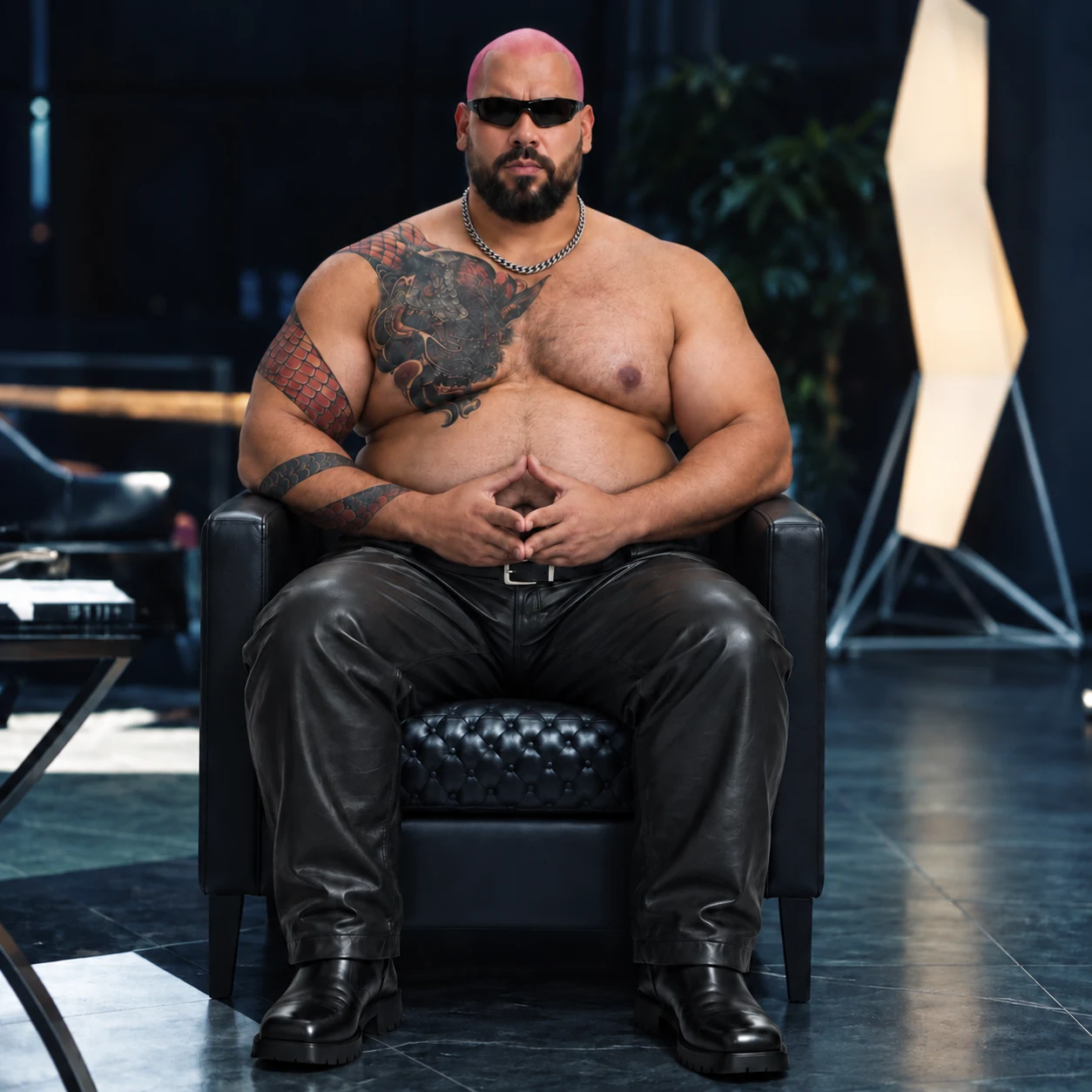 Andrew Ate seated in his black chair, wearing sunglasses and a silver chain