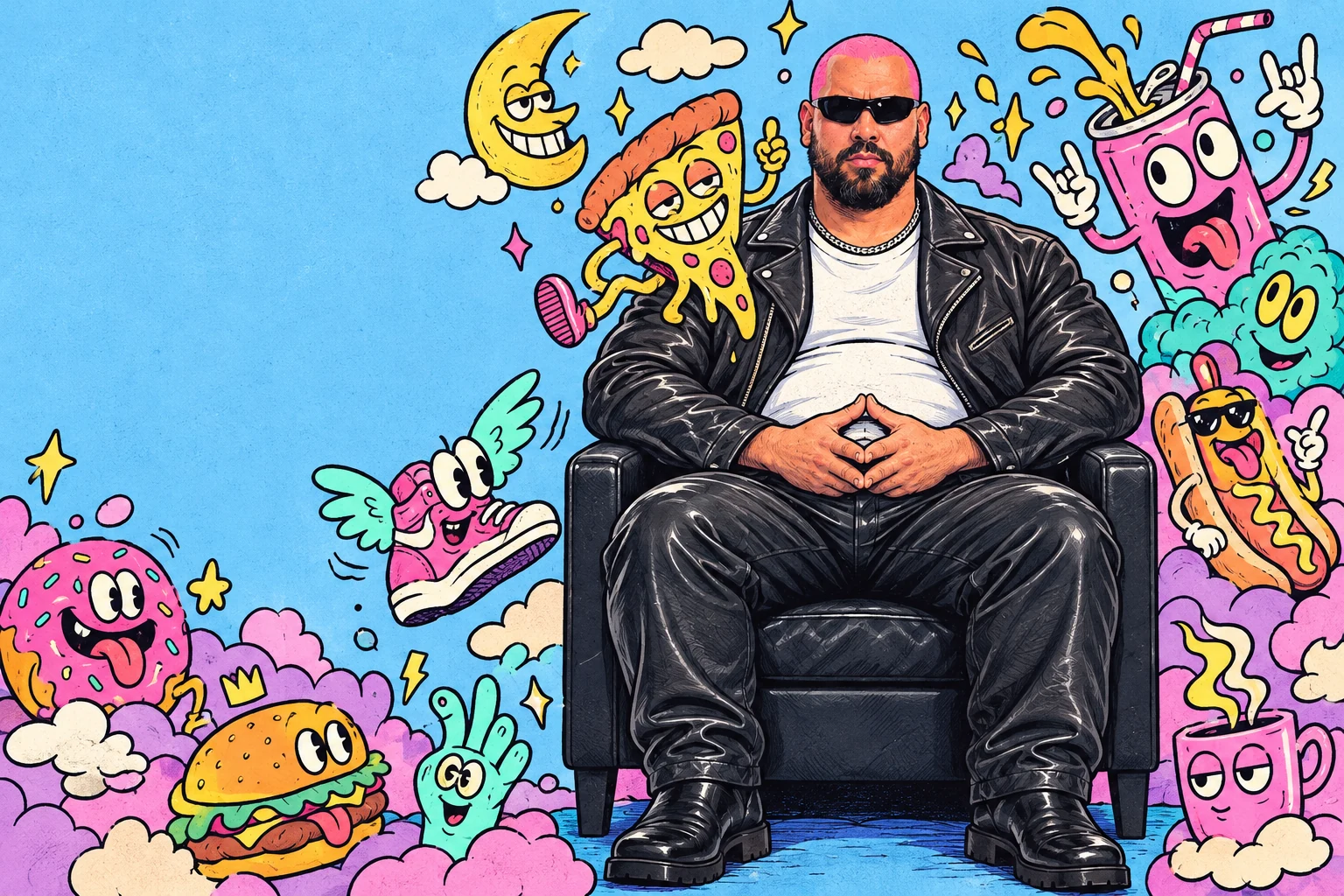 Andrew Ate in his chair, surrounded by colourful hand-drawn food characters